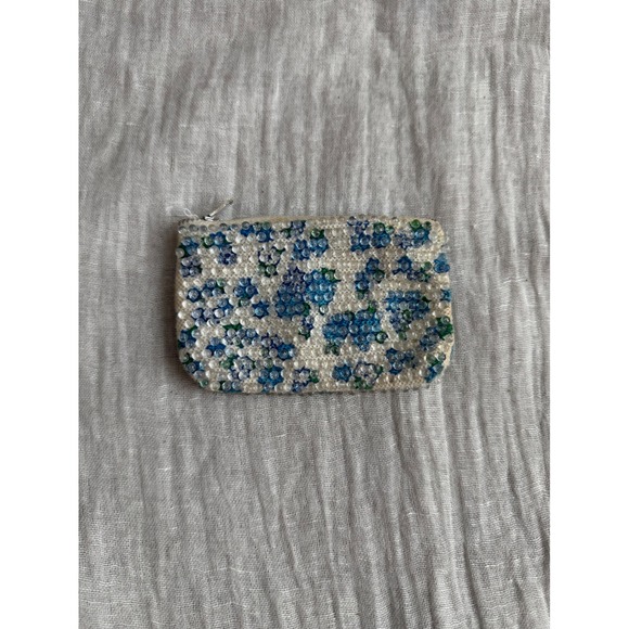 Vintage Small Beaded Coin Purse Pouch Blue Floral Clutch Wallet - Picture 2 of 9
